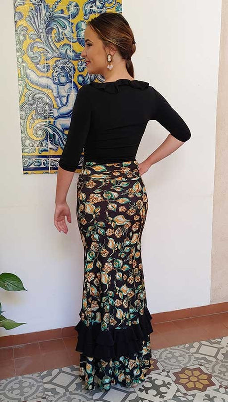 Falda Flamenco negra Estampada con Flores y Hojas