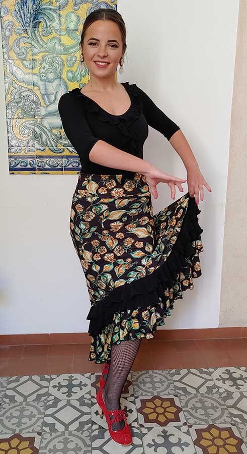 Falda Flamenco negra Estampada con Flores y Hojas