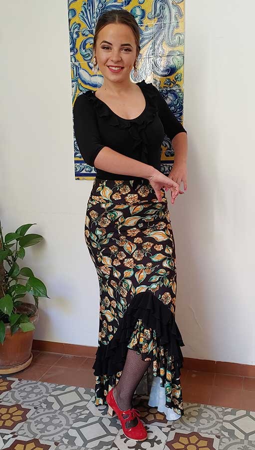 Falda Flamenco negra Estampada con Flores y Hojas