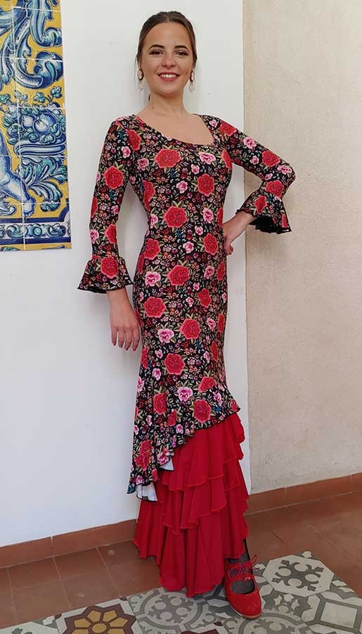 Vestido Sobre-falda Flamenco con Estampado de Rosas