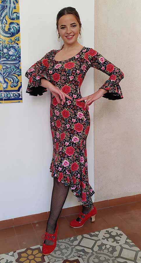 Vestido Sobre-falda Flamenco con Estampado de Rosas