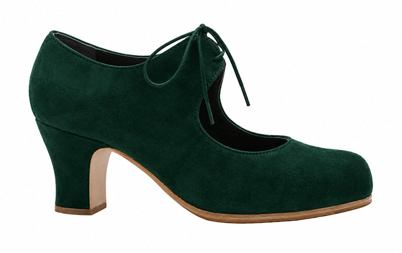 Professional flamenco dance shoe in bottle green suede