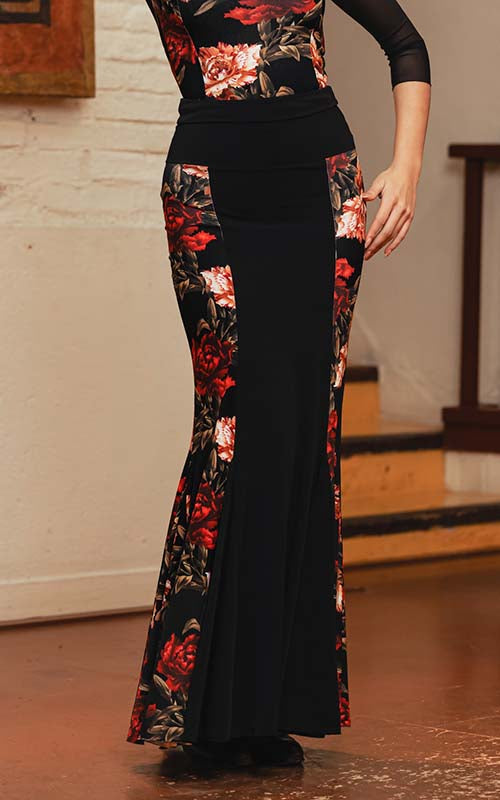 Falda flamenco larga Azabache negra combinada con estampado de claveles