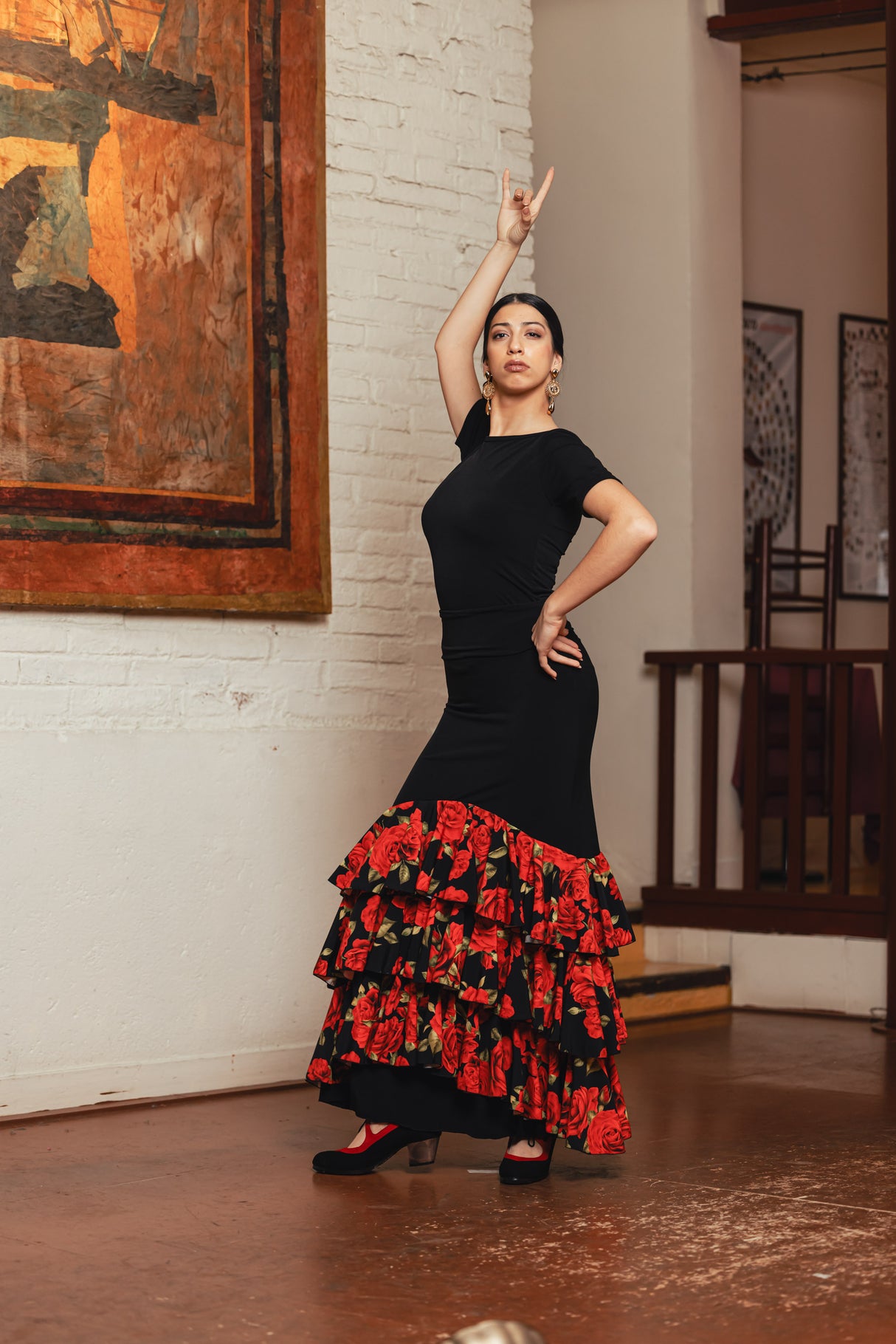 Falda flamenco Jerez con 3 volantes inclinados de crespón estampados