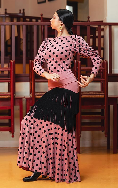 Falda flamenco Lebrija rosa con lunares negros