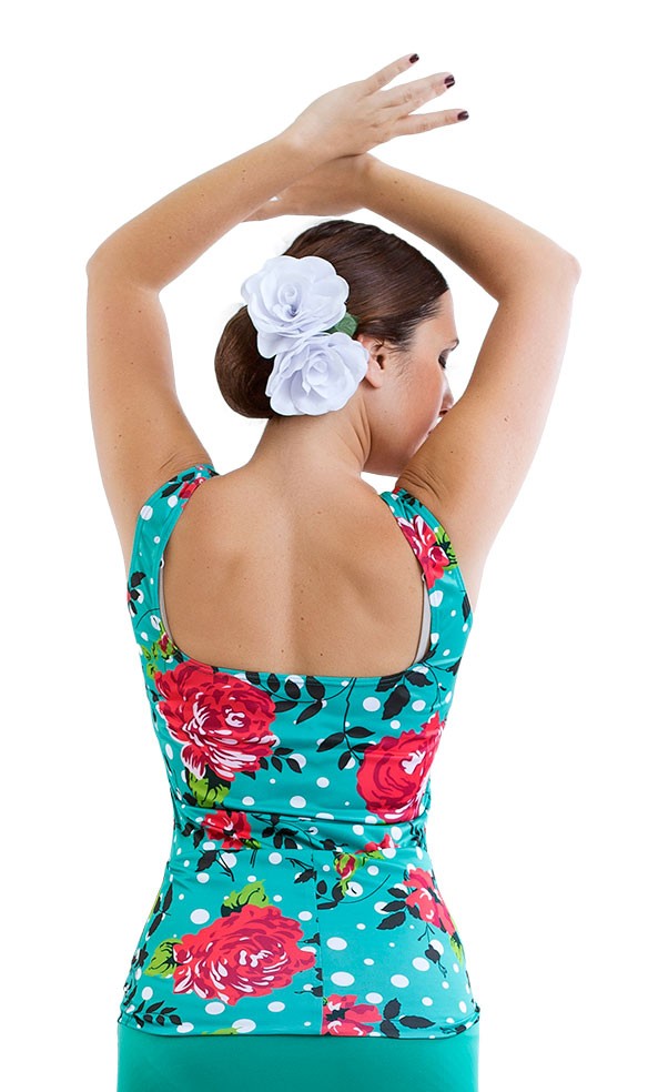 Fitted Flamenco T-shirt with Floral Print and Wide Straps