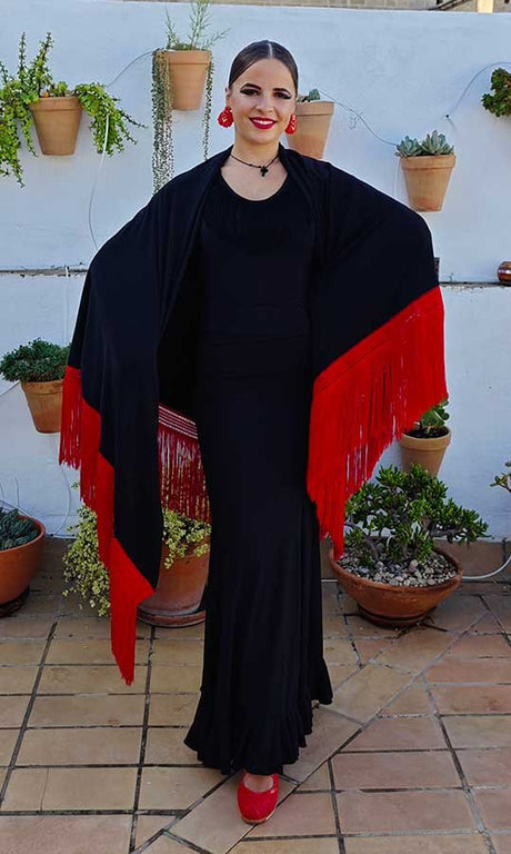 Mantón En Pico Negro Con Flecos Rojos Doble Tejido