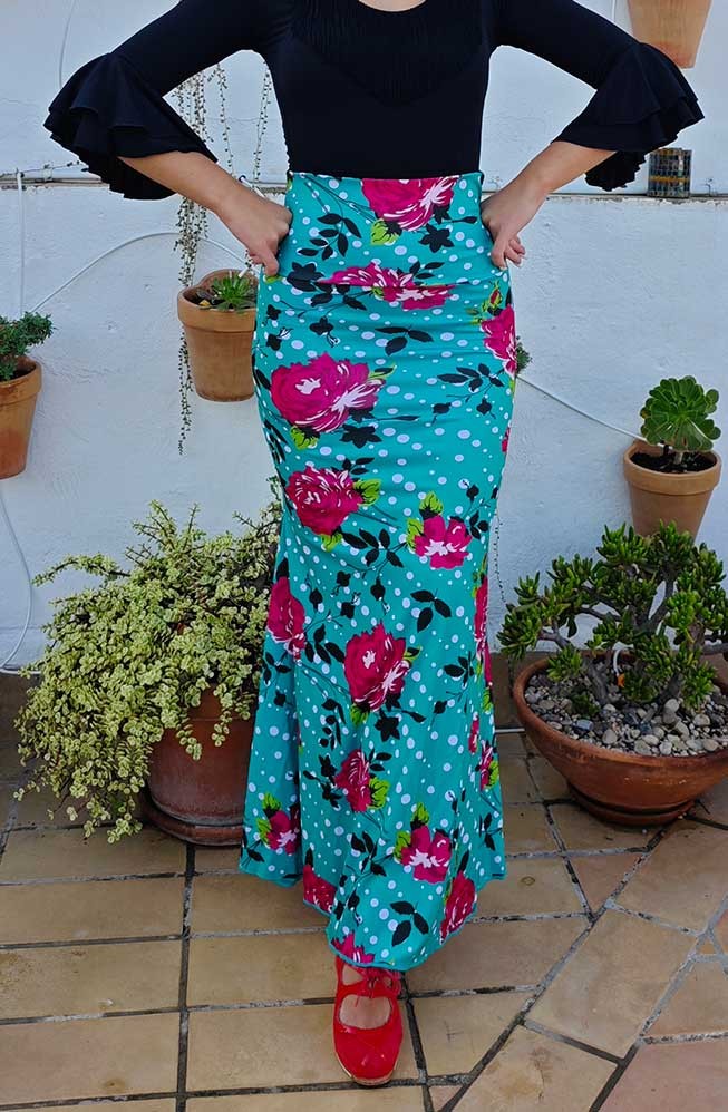 Falda Flamenco Verde Esmeralda Estampada de Flores