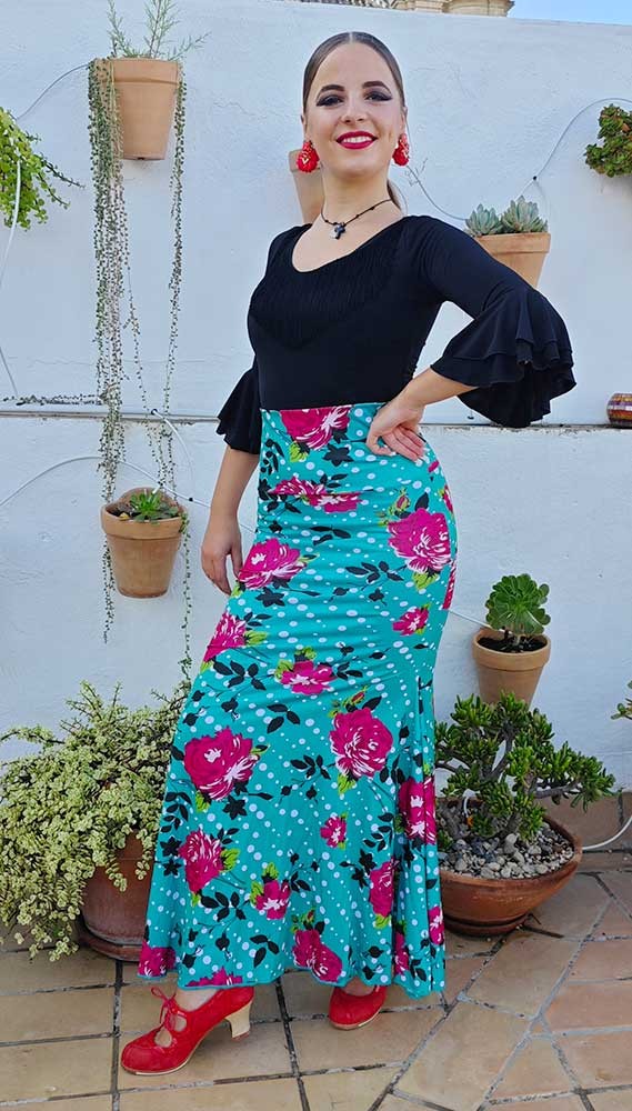Falda Flamenco Verde Esmeralda Estampada de Flores