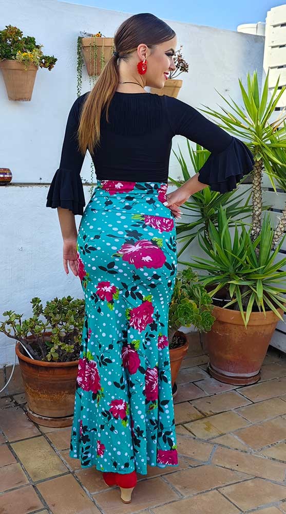 Falda Flamenco Verde Esmeralda Estampada de Flores