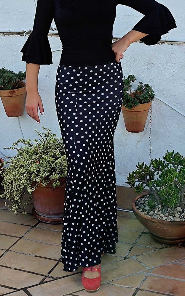 Falda Flamenco Negra Con Lunares Blancos Entallada a Medio Muslo