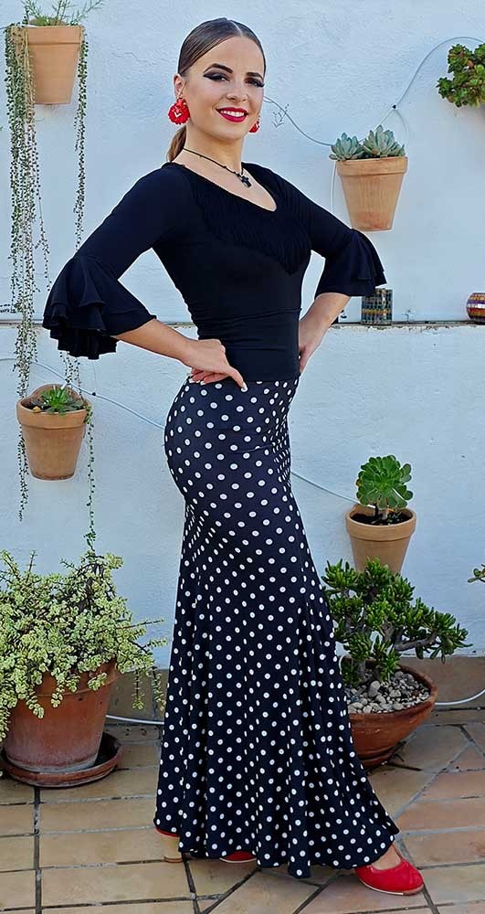 Falda Flamenco Negra Con Lunares Blancos Entallada a Medio Muslo