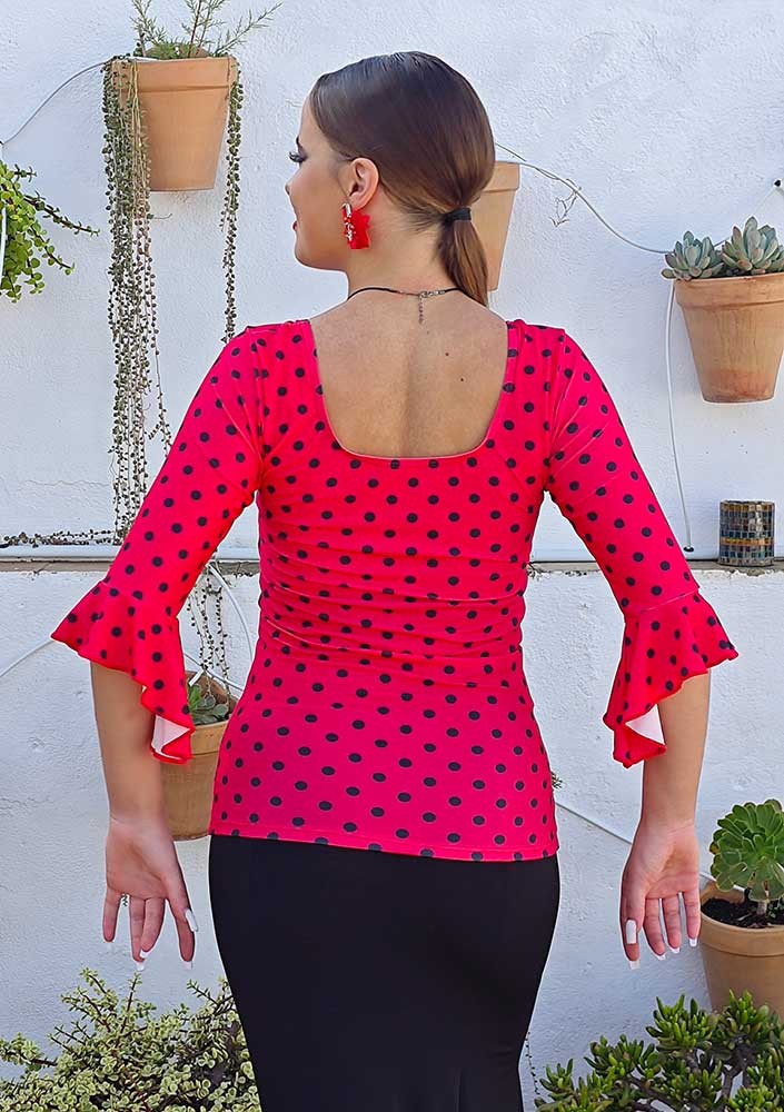 Top Flamenco Rojo Coral Con Lunares Negros