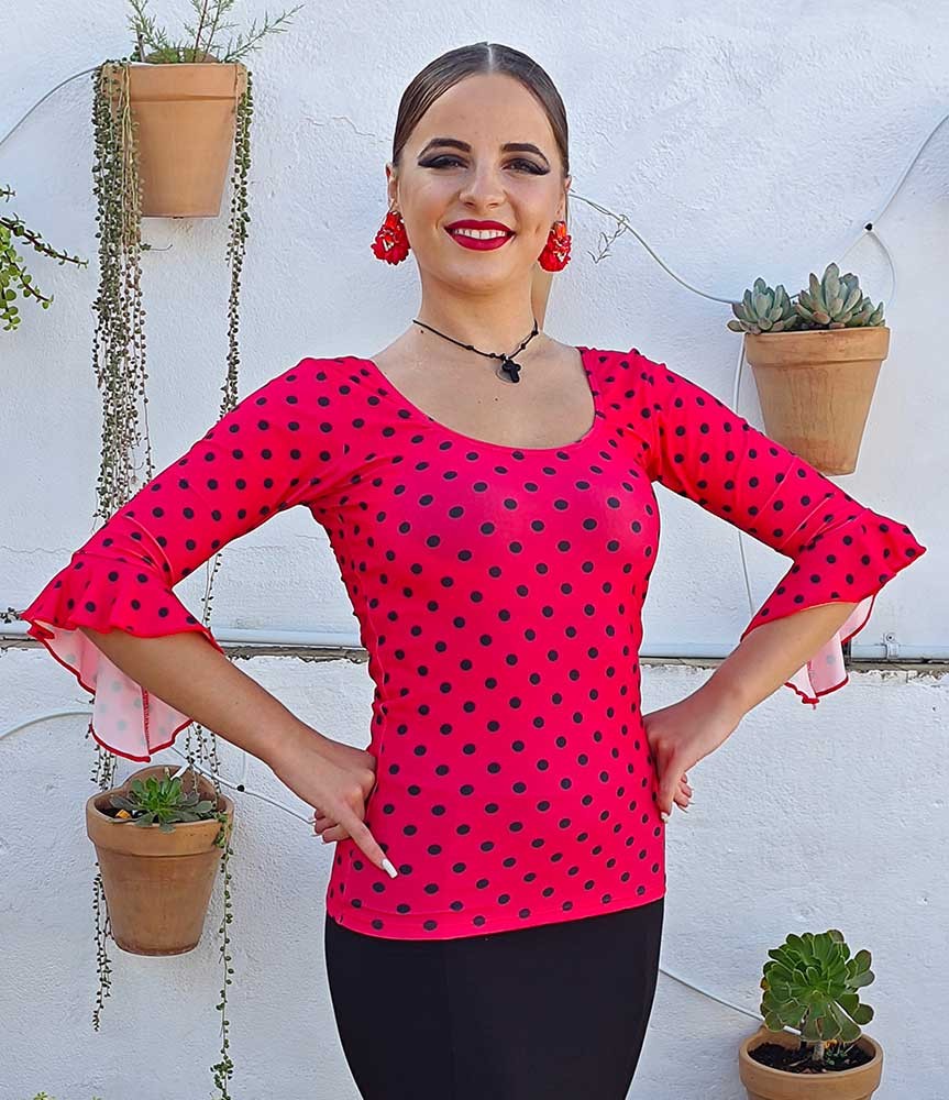 Top Flamenco Rojo Coral Con Lunares Negros