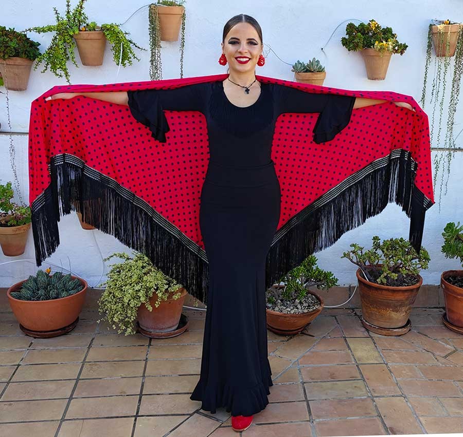 Châle rouge à pois noirs et franges noires, double tissage