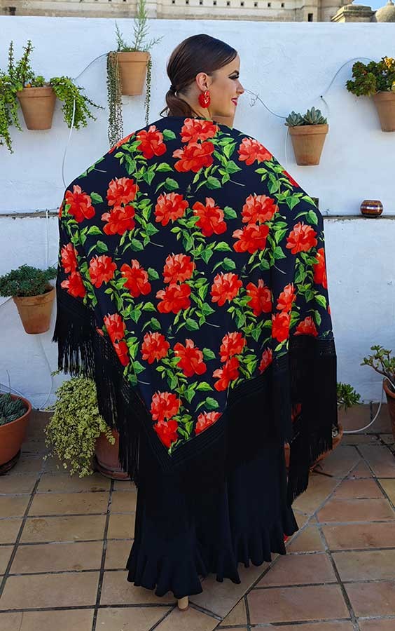 Châle à imprimé floral et franges noires, double tissage