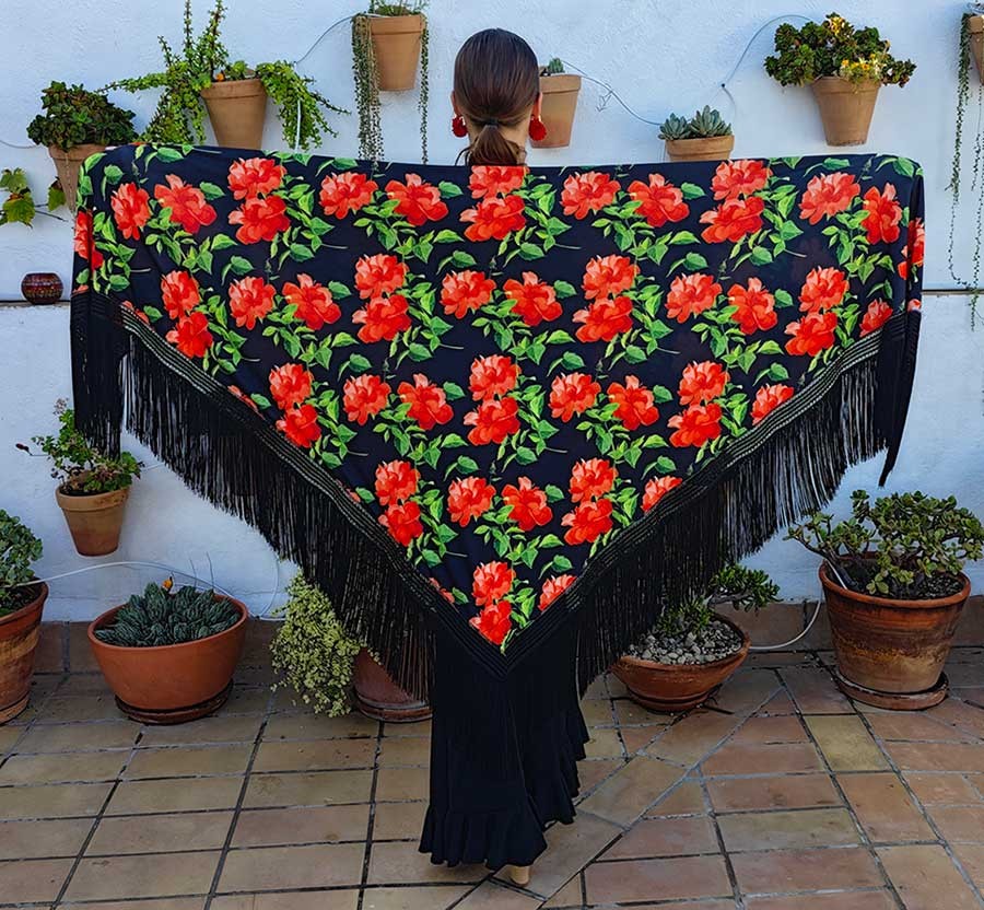 Châle à imprimé floral et franges noires, double tissage