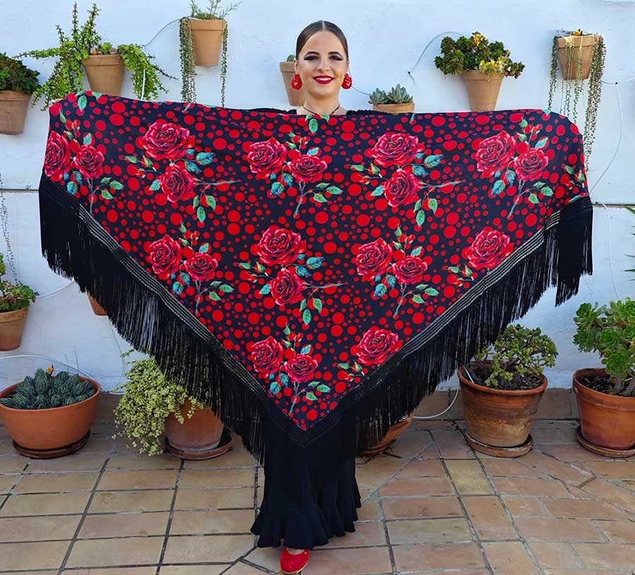 Mantón En Pico de Doble Tejido Estampado de Flores y Lunares Con Flecos Negros