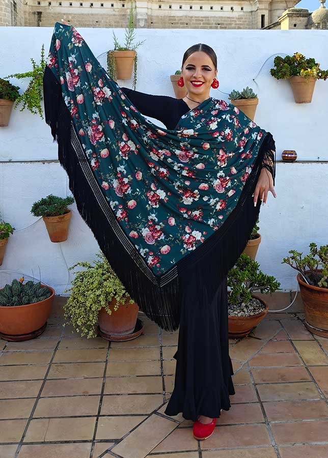 Mantón En Pico Verde de Doble Tejido Estampado de Flores con Flecos Negros
