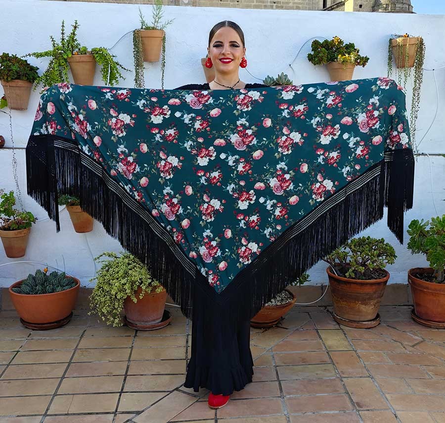 Mantón En Pico Verde de Doble Tejido Estampado de Flores con Flecos Negros