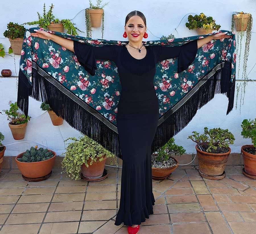 Mantón En Pico Verde de Doble Tejido Estampado de Flores con Flecos Negros