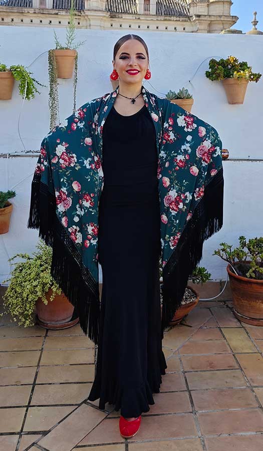 Mantón En Pico Verde de Doble Tejido Estampado de Flores con Flecos Negros