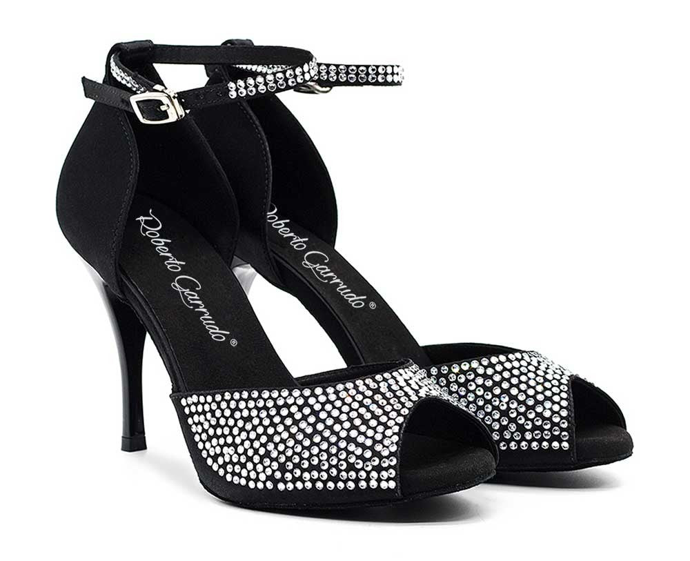 Chaussure de danse de salon et de tango noire avec strass en cristal sur la tige