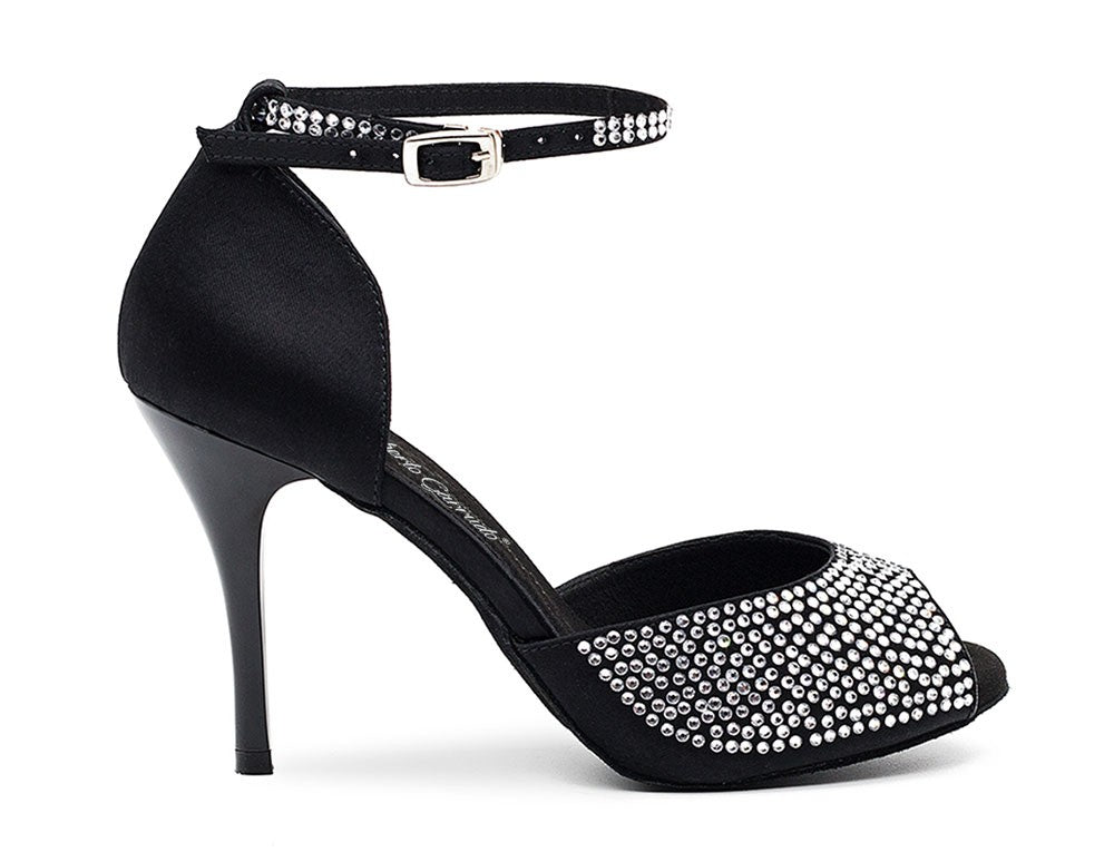 Chaussure de danse de salon et de tango noire avec strass en cristal sur la tige
