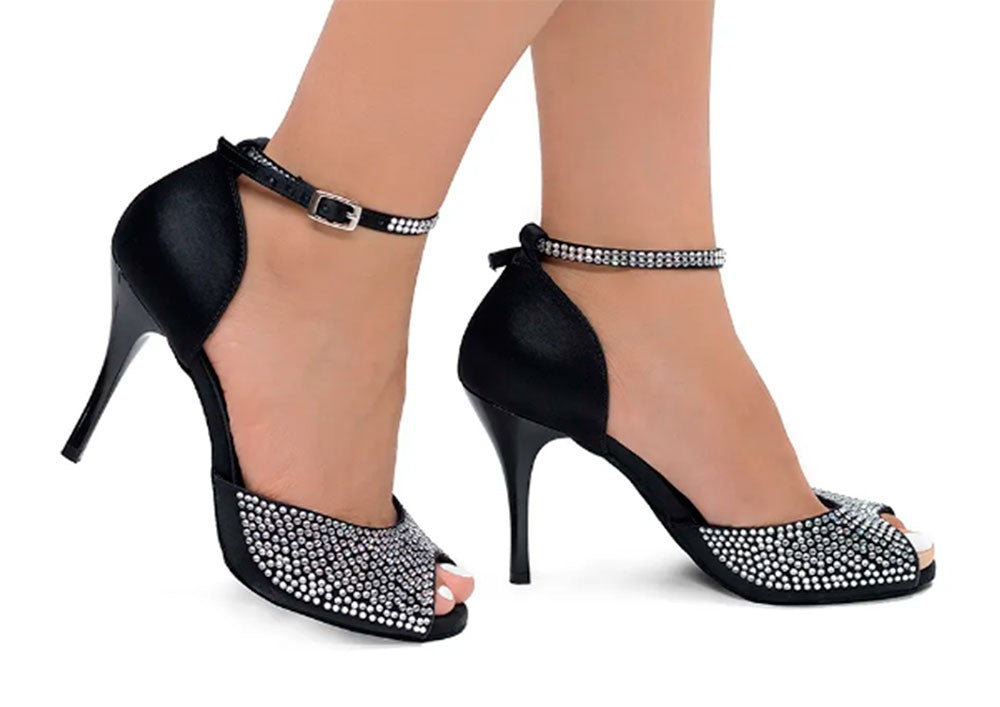 Chaussure de danse de salon et de tango noire avec strass en cristal sur la tige