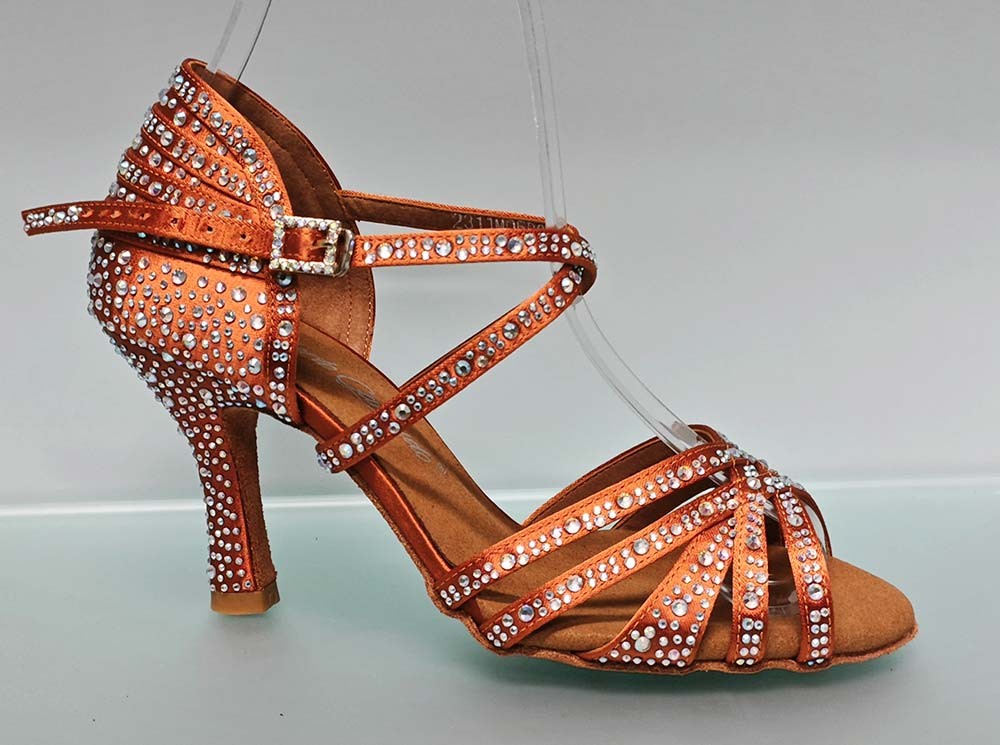 Chaussure de danse de salon en bronze avec plusieurs strass en cristal