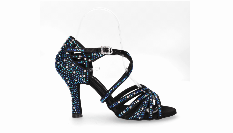 Black ballroom dance shoe with multicolored crystal rhinestones