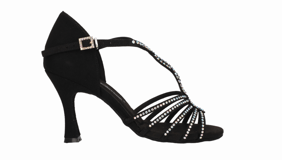 Zapato para baile de salón de ante negro con pedrería de cristal en tiras y empeine