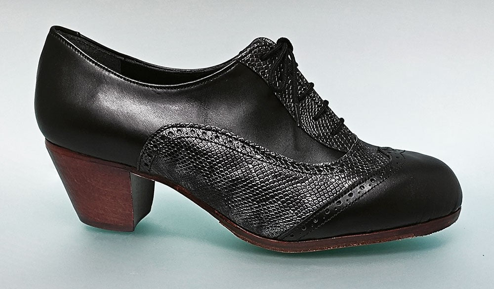 Chaussure de flamenco professionnelle combinée en cuir noir et fantaisie avec lacets