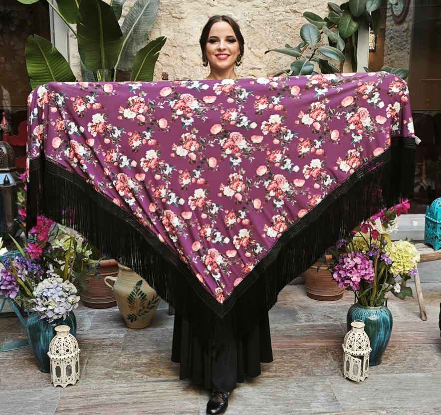 Mantón En Pico Morado de Doble Tejido Estampado de Flores con Flecos Negros