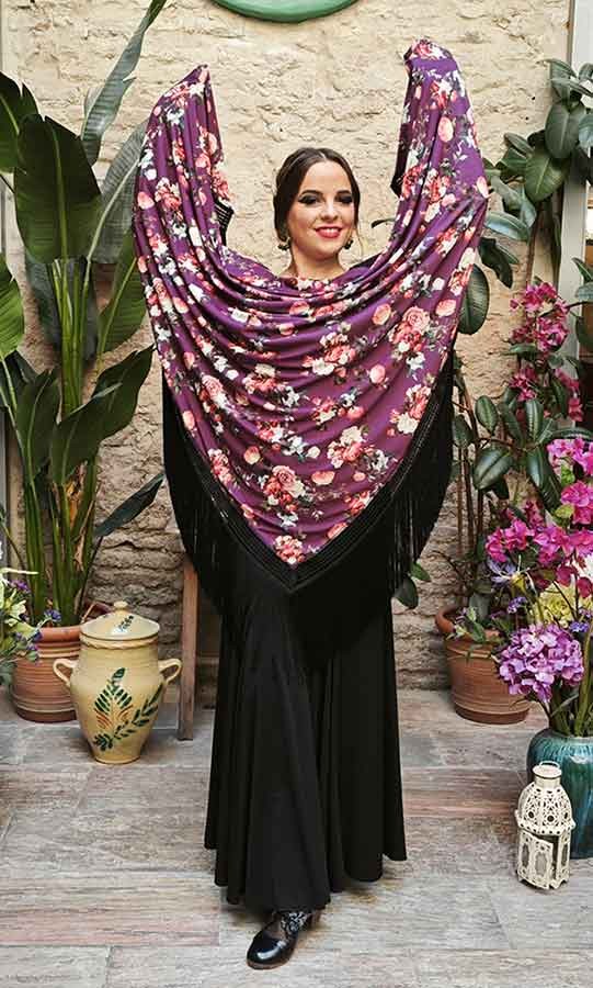 Mantón En Pico Morado de Doble Tejido Estampado de Flores con Flecos Negros