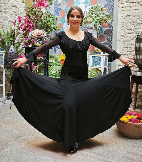 Falda Flamenco Negra con Godets y Vuelo de Capa