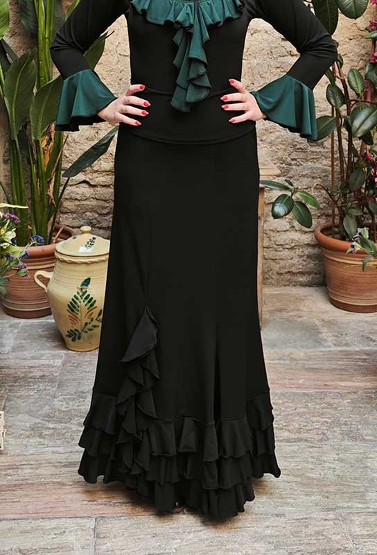Jupe flamenco noire à trois volants et fente
