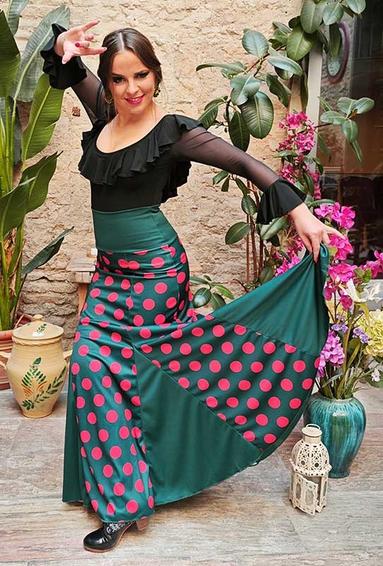 Bottle Green Flamenco Skirt with Red Polka Dots and Flare