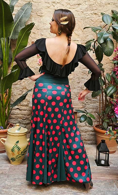 Bottle Green Flamenco Skirt with Red Polka Dots and Flare
