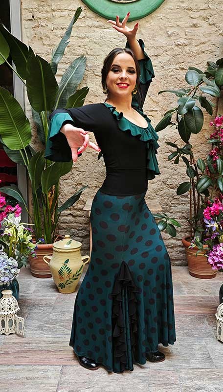 Falda Flamenco Verde Botella con Lunares Negros Medianos