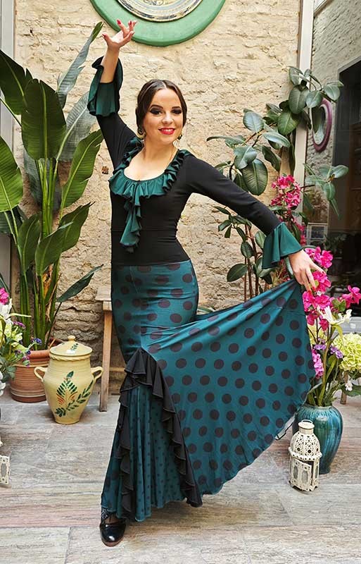 Jupe flamenco vert bouteille à pois noirs moyens