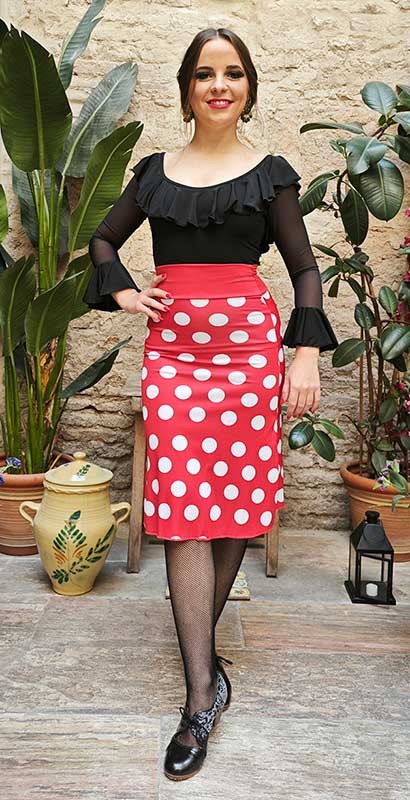 Short Flamenco Skirt in Red Silk Knit with White Polka Dots