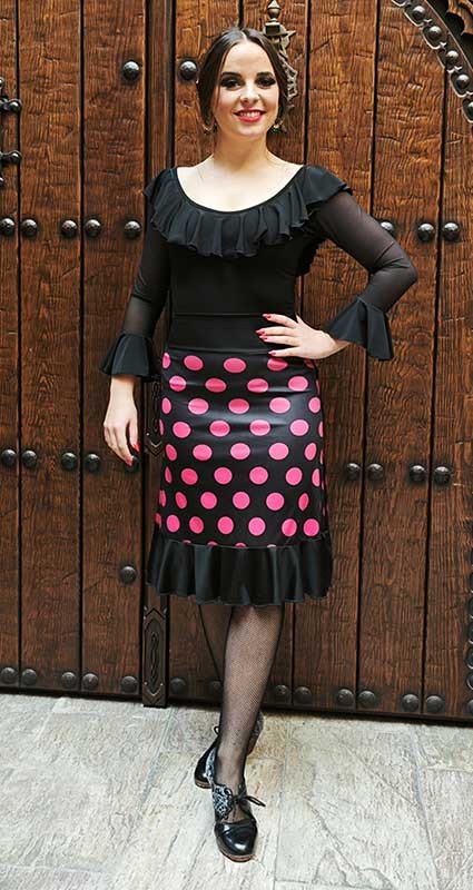 Short Flamenco Skirt in Black Silk Knit with Fuchsia Polka Dots