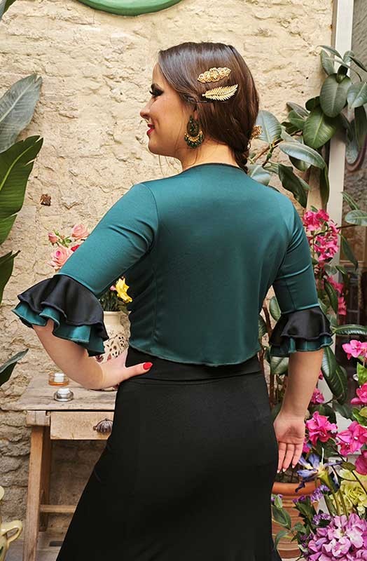 Cárdigan de Punto Seda Verde Botella con Volantes en Mangas