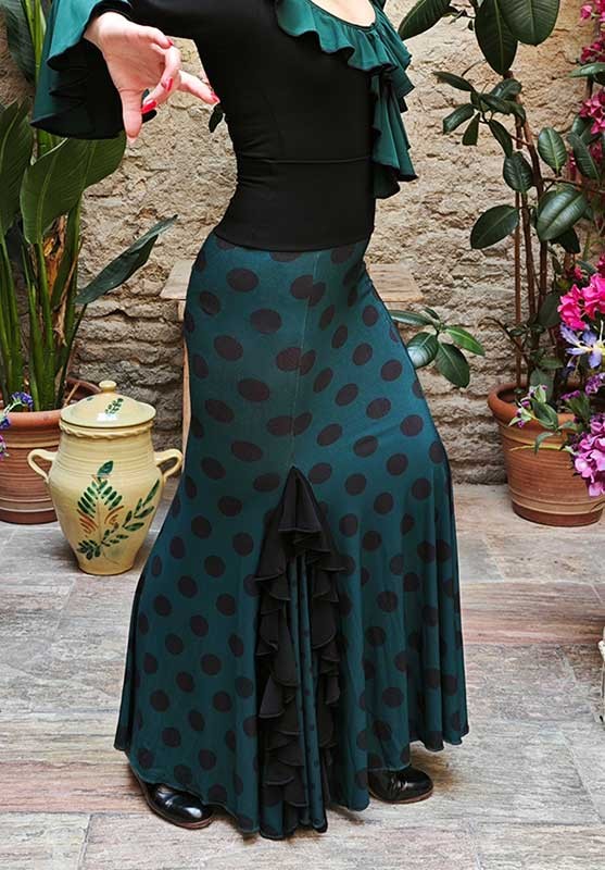 Jupe flamenco vert bouteille à pois noirs moyens
