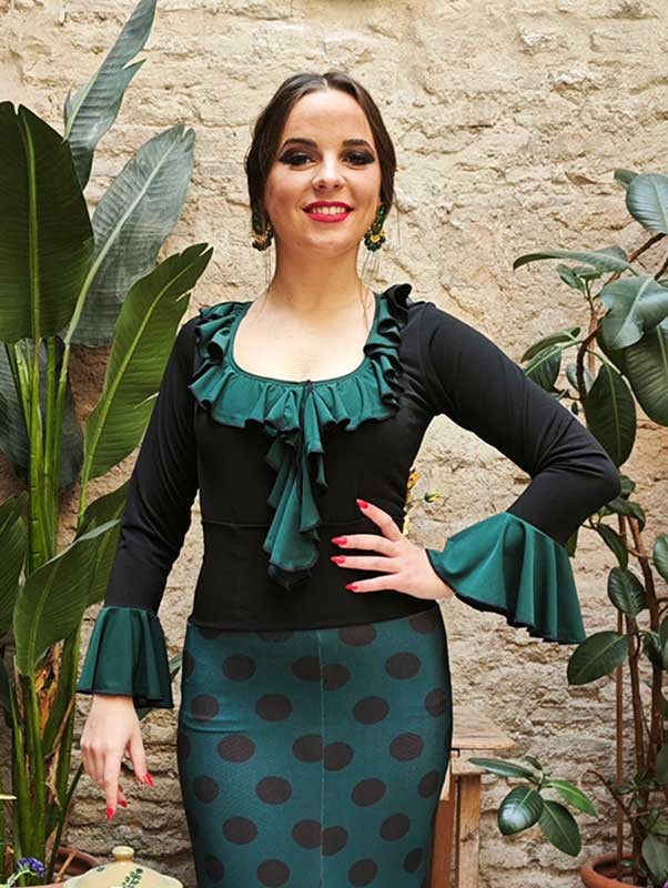 Top Flamenco Negro con Chorrera y Volantes Verdes