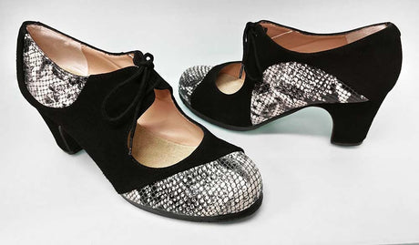 Chaussure de danse flamenco professionnelle en daim noir et peau de serpent fantaisie