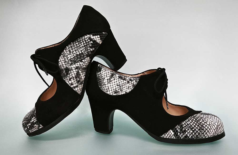 Zapato de Baile Flamenco Profesional Combinado Ante Negro y Piel Fantasía Serpiente