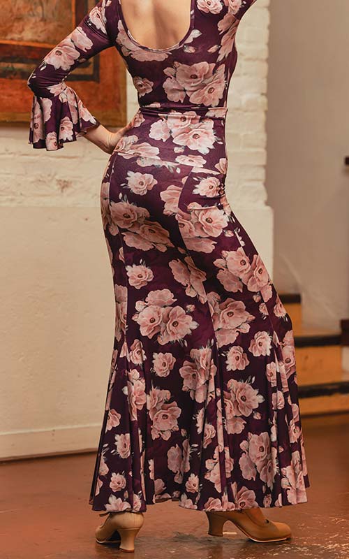 Falda flamenco Ogalla morada con estampado de flores rosas