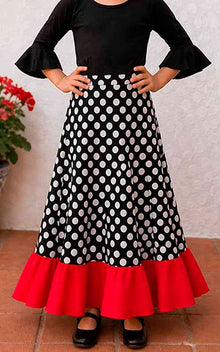 Jupe flamenco noire pour fille, à pois blancs et volant rouge